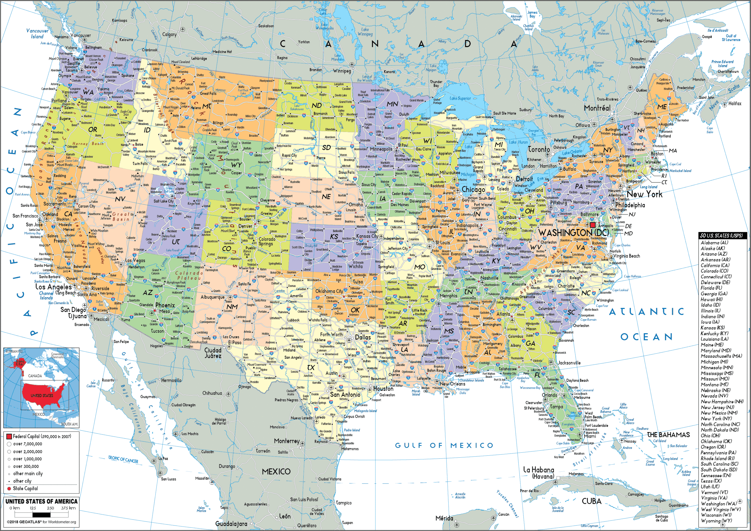 Large Size Political Map Of The United States Worldometer