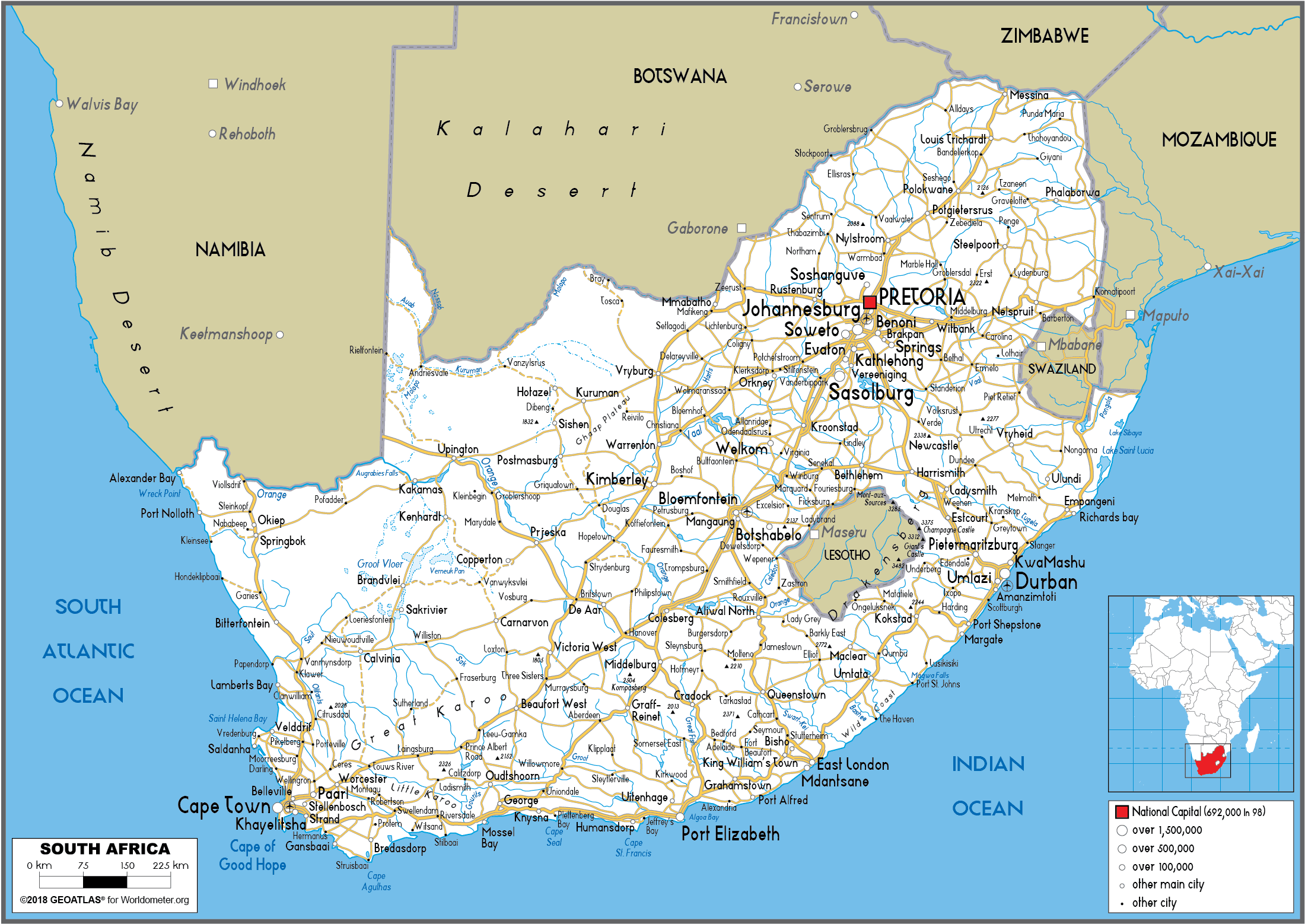Large Size Road Map Of South Africa Worldometer