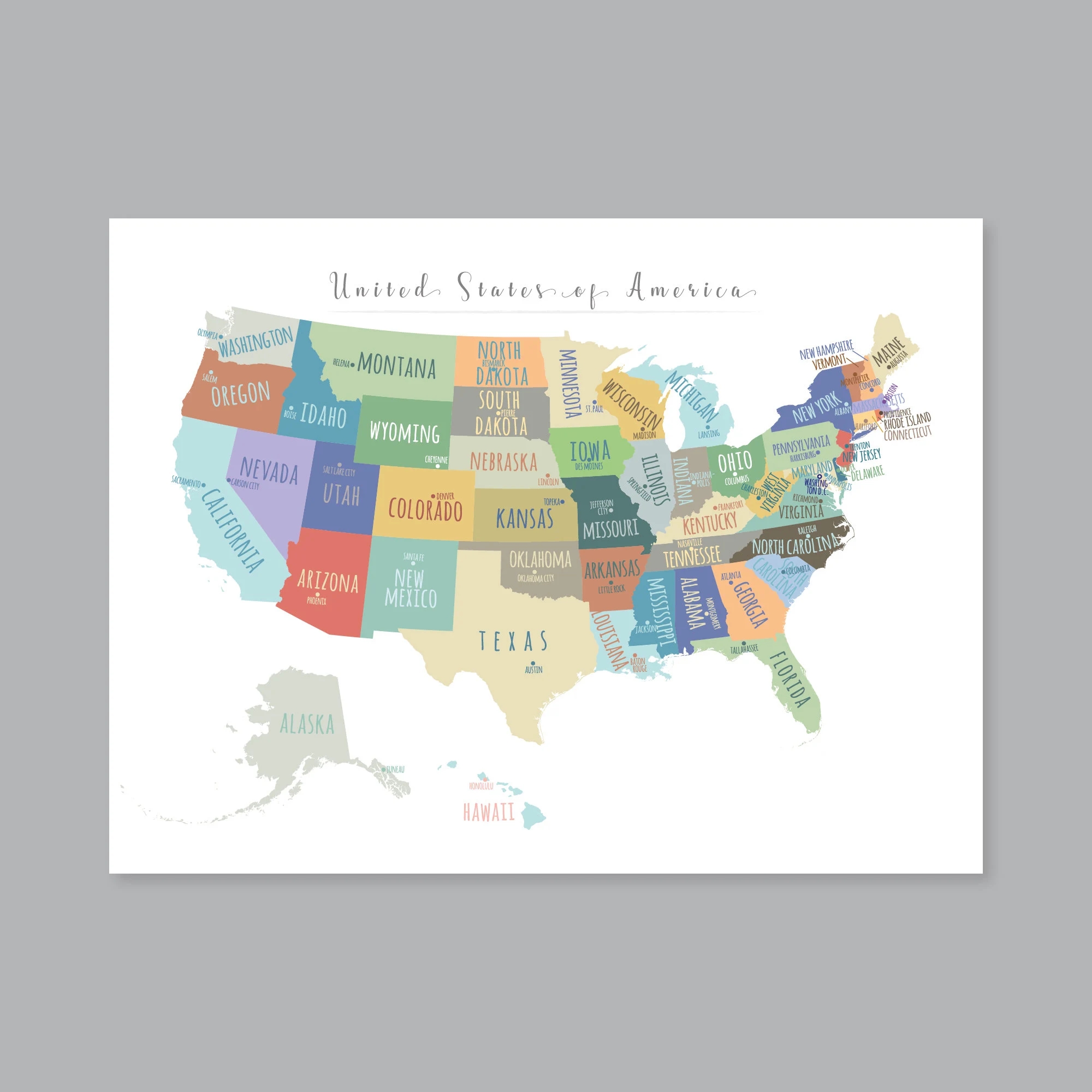 Large US Map PRINTABLE State Capitals Map USA Map Wall Art Usa Map For Kids Home Kids Room Decor P453B Etsy