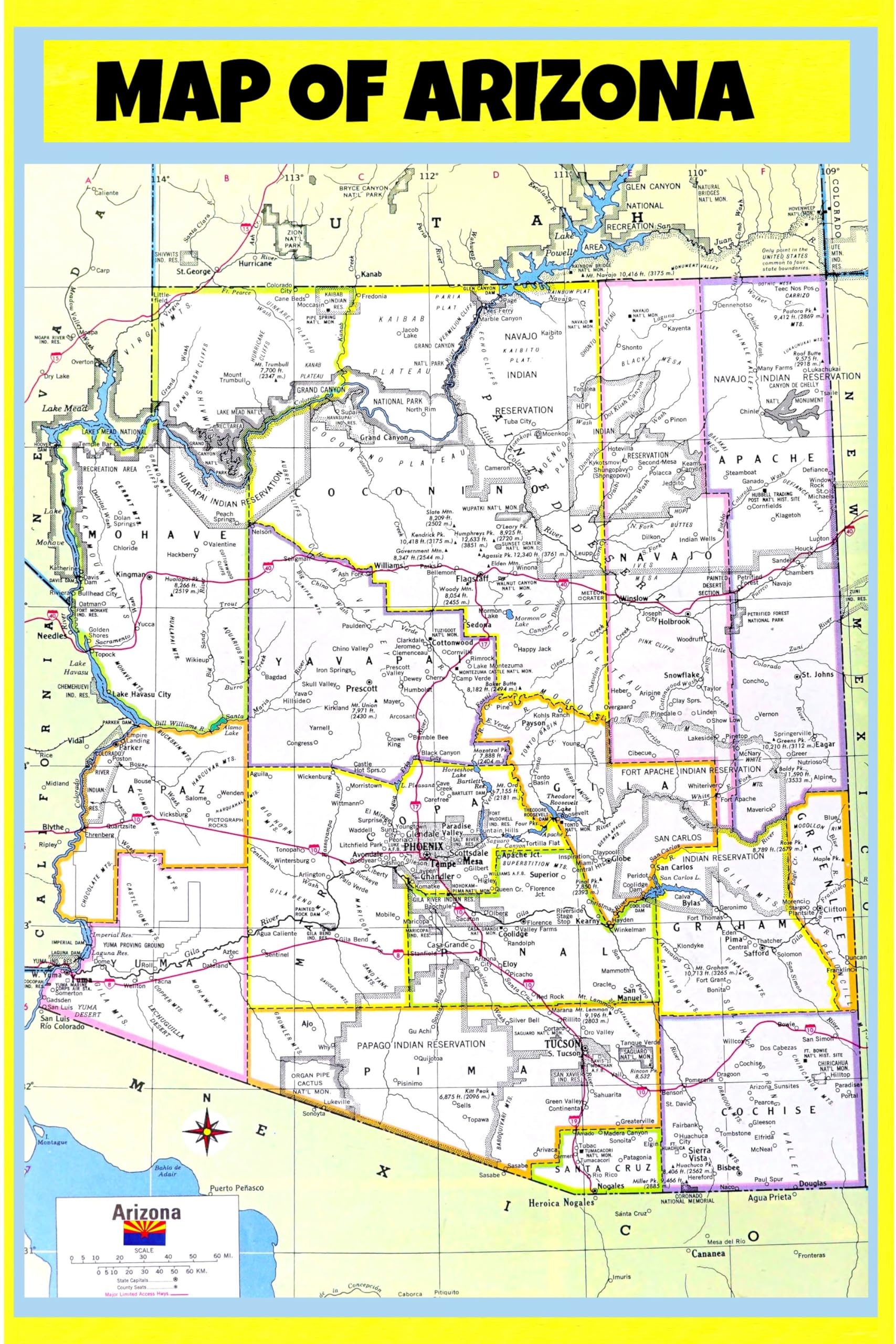 Map Of Arizona Laminated Wall Map Poster Print Perfect For Classrooms And Homes Vivid Imagery With Bright Colors