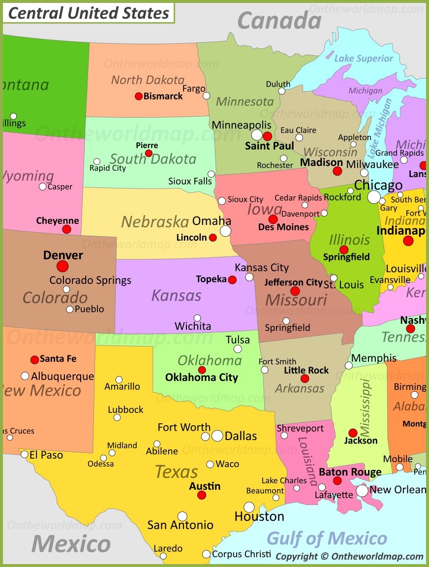 Map Of Central United States Ontheworldmap Map Of Central United States Ontheworldmap