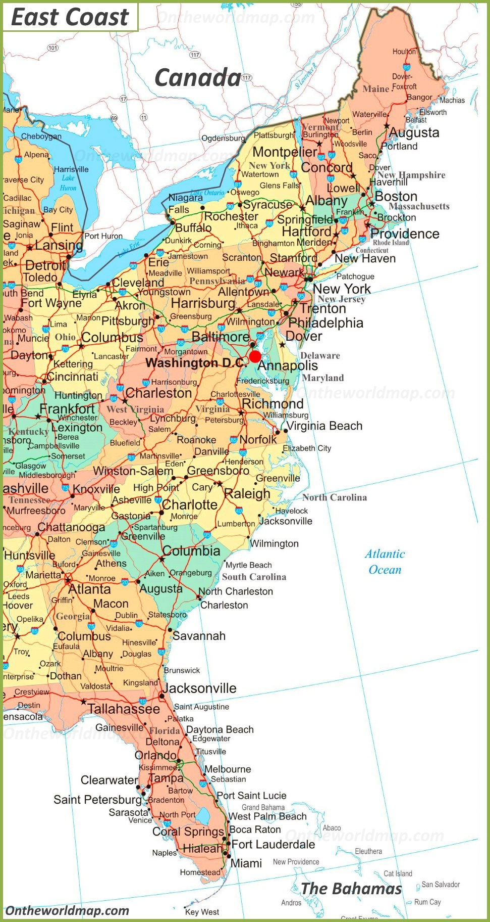 Map Of East Coast Of The United States Ontheworldmap
