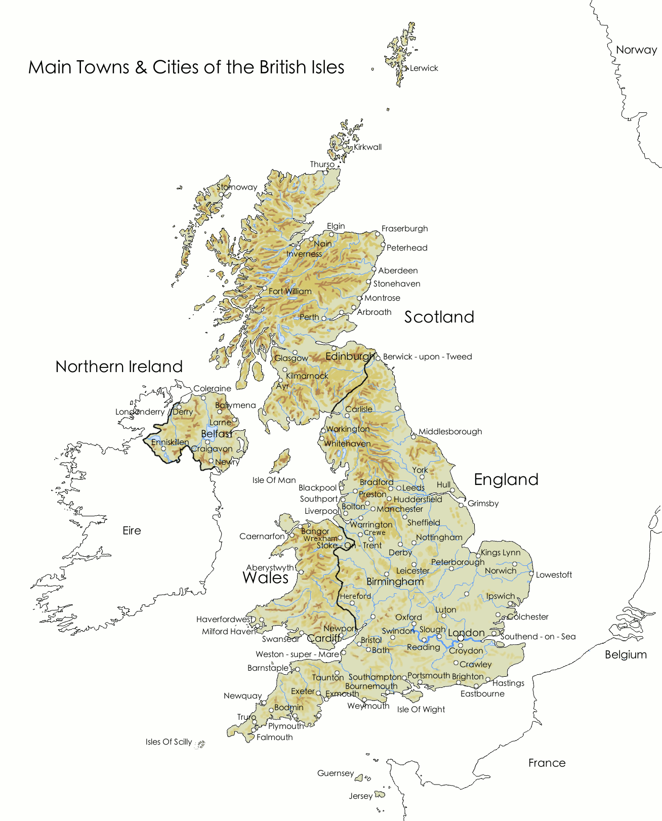 Map Of Major Towns Cities In The British Isles Britain Visitor Travel Guide To Britain