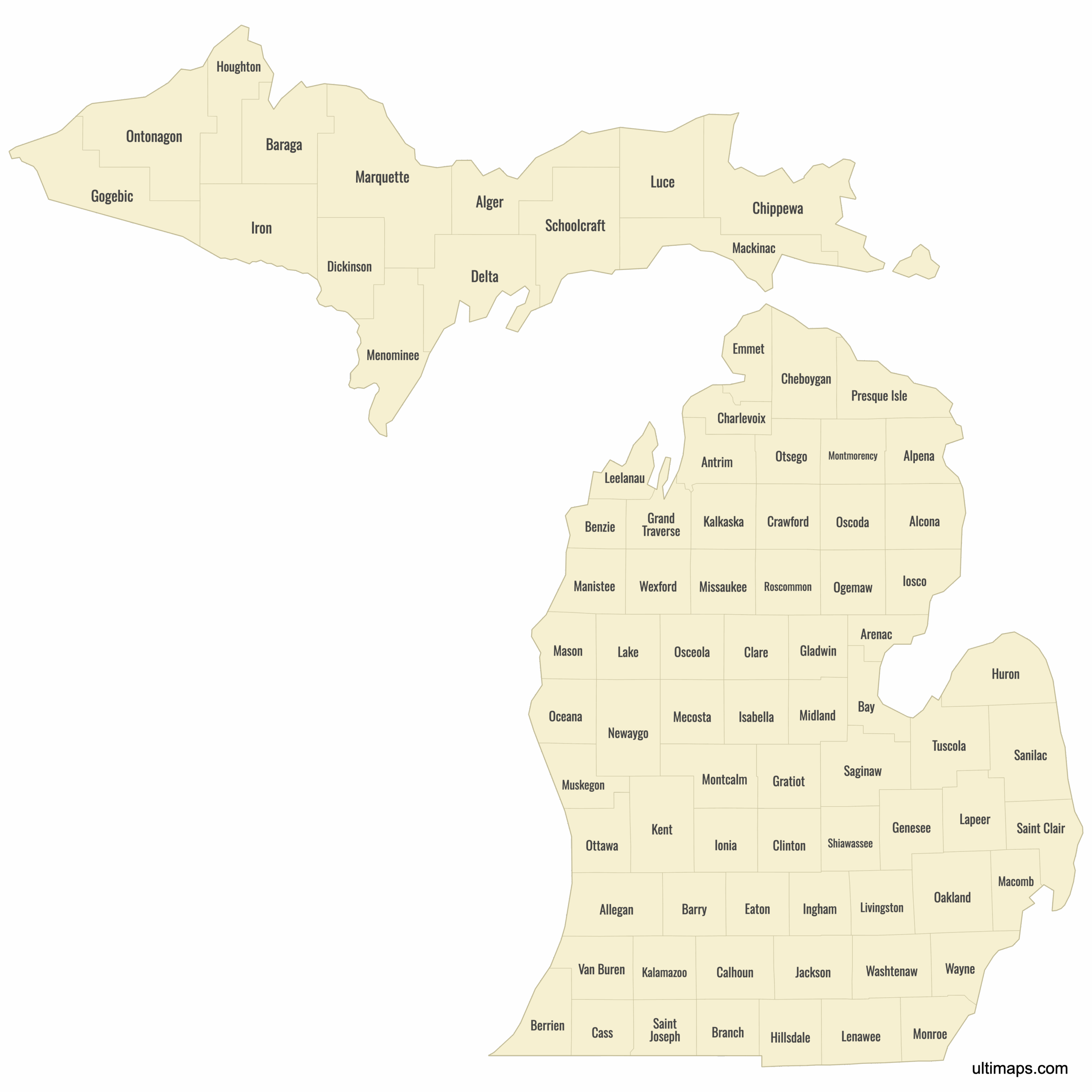 Printable Map Of Michigan Counties Printable Map Of Michigan Counties