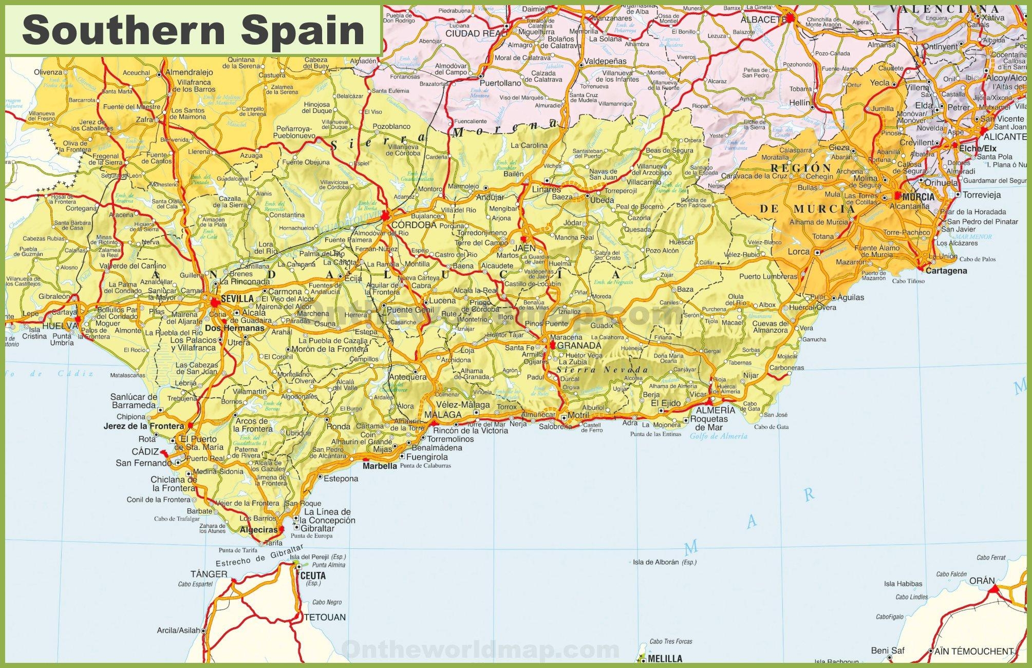 Map Of Southern Spain Detailed Map Of Southern Spain Southern Europe Europe 