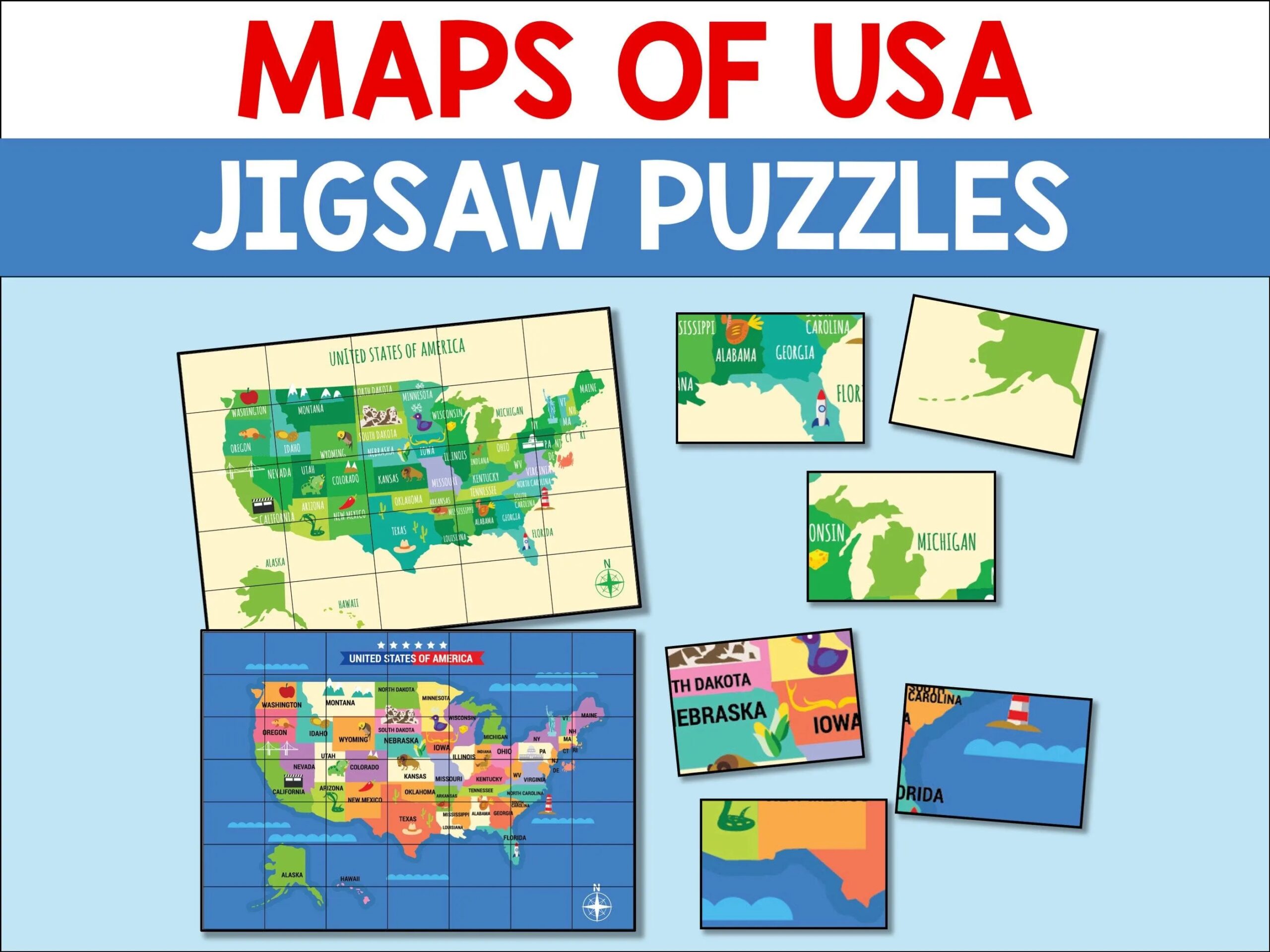 Map Of USA Puzzle Jigsaw Puzzles Of United States Of America USA States Printable PDF Maps For Kids 1st Grade 2nd Grade 3rd Grade Etsy