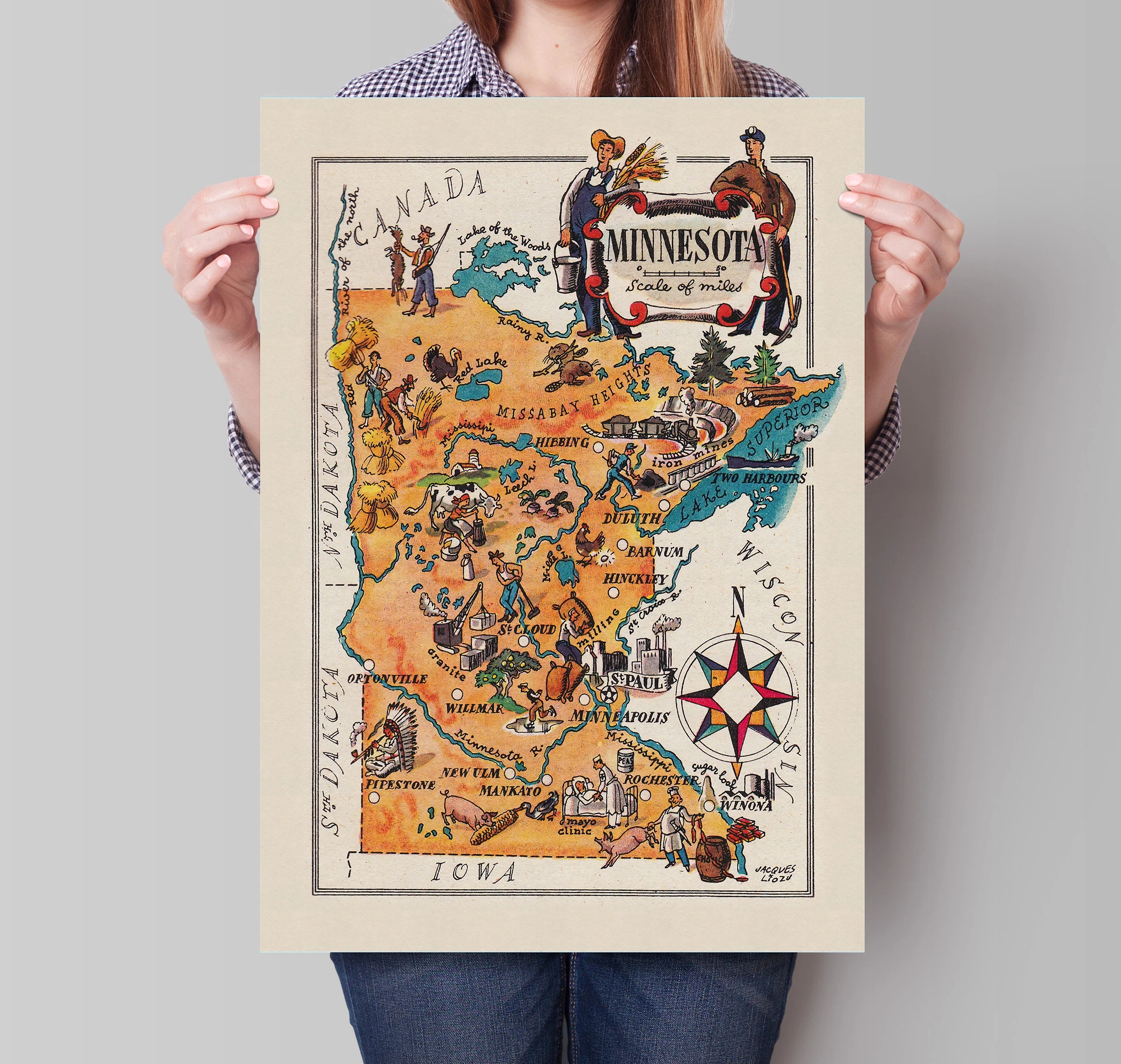 Minnesota Map USA Whimsical Poster United States Pictorial Art Hibbing Duluth Barnum Hinckley Ortonville New Ulm Pipestone Etsy
