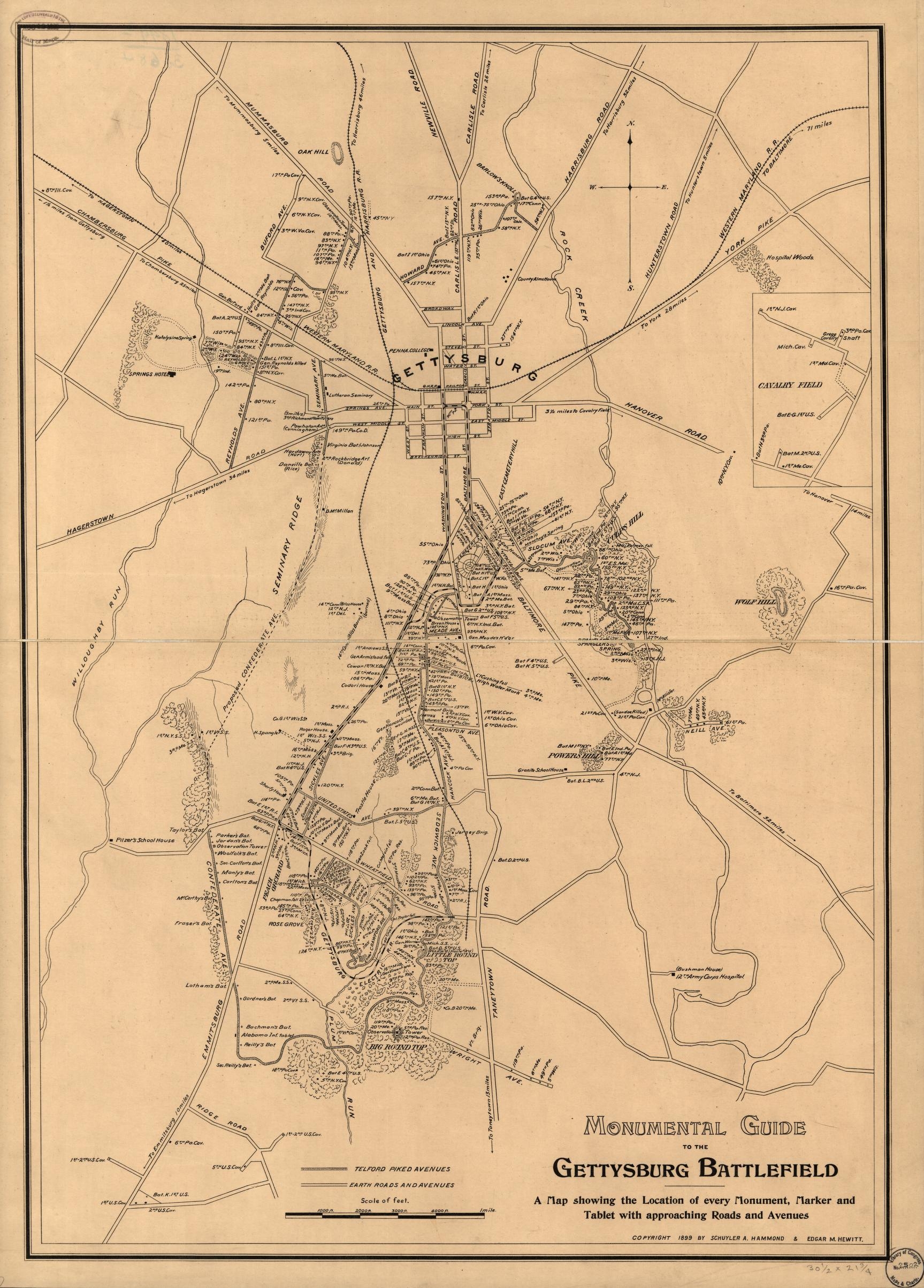 Monumental Guide To The Gettysburg Battlefield A Map Showing The Location Of Every Monument Marker And Tablet With Approaching Roads And Avenues Library Of Congress