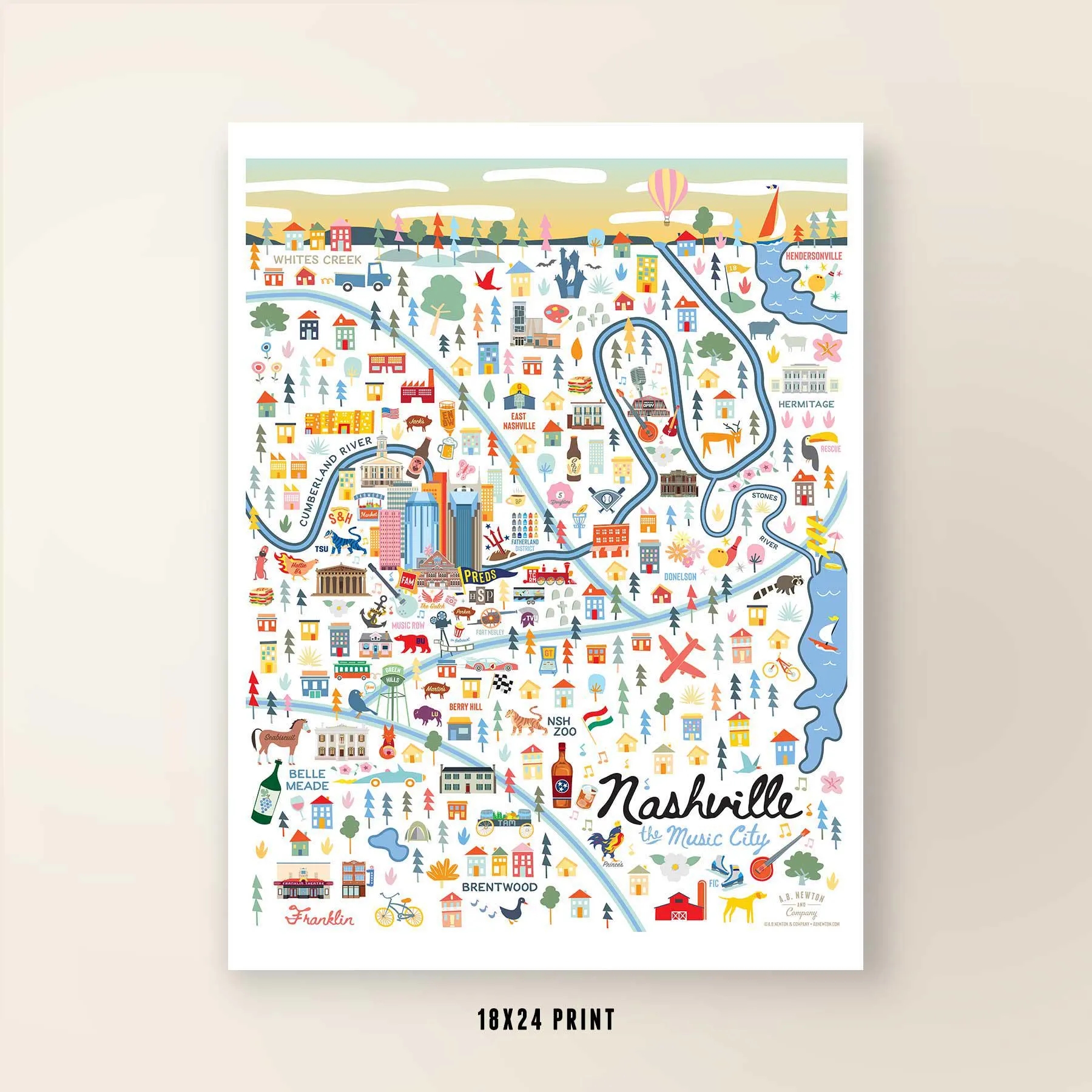 NASHVILLE TN Map Art Wall Decor City Map Nashville Tennessee Art Print Poster Whimsical Illustration Day Version Etsy