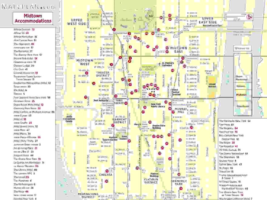 New York Top Tourist Attractions Map Midtown Manhattan Hotel Accommodations