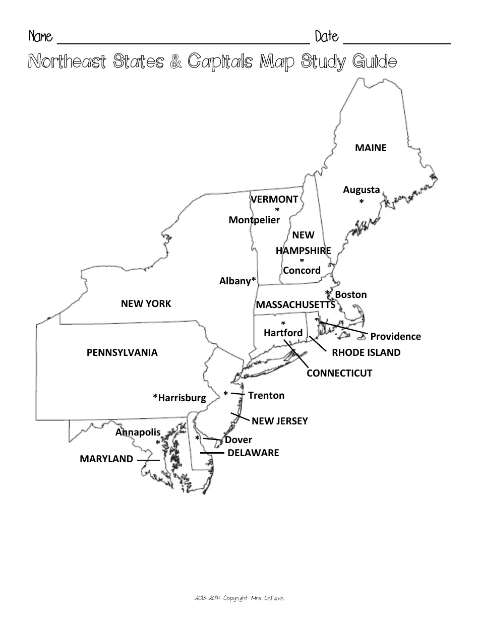 Northeast States Capitals Map Worksheet And Flashcards Download Printable PDF Templateroller