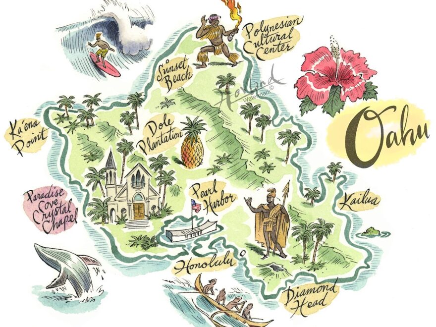 Oahu Hawaii Print Hawaiiana Hawaiian Islands Print Fun Map City Map Etsy