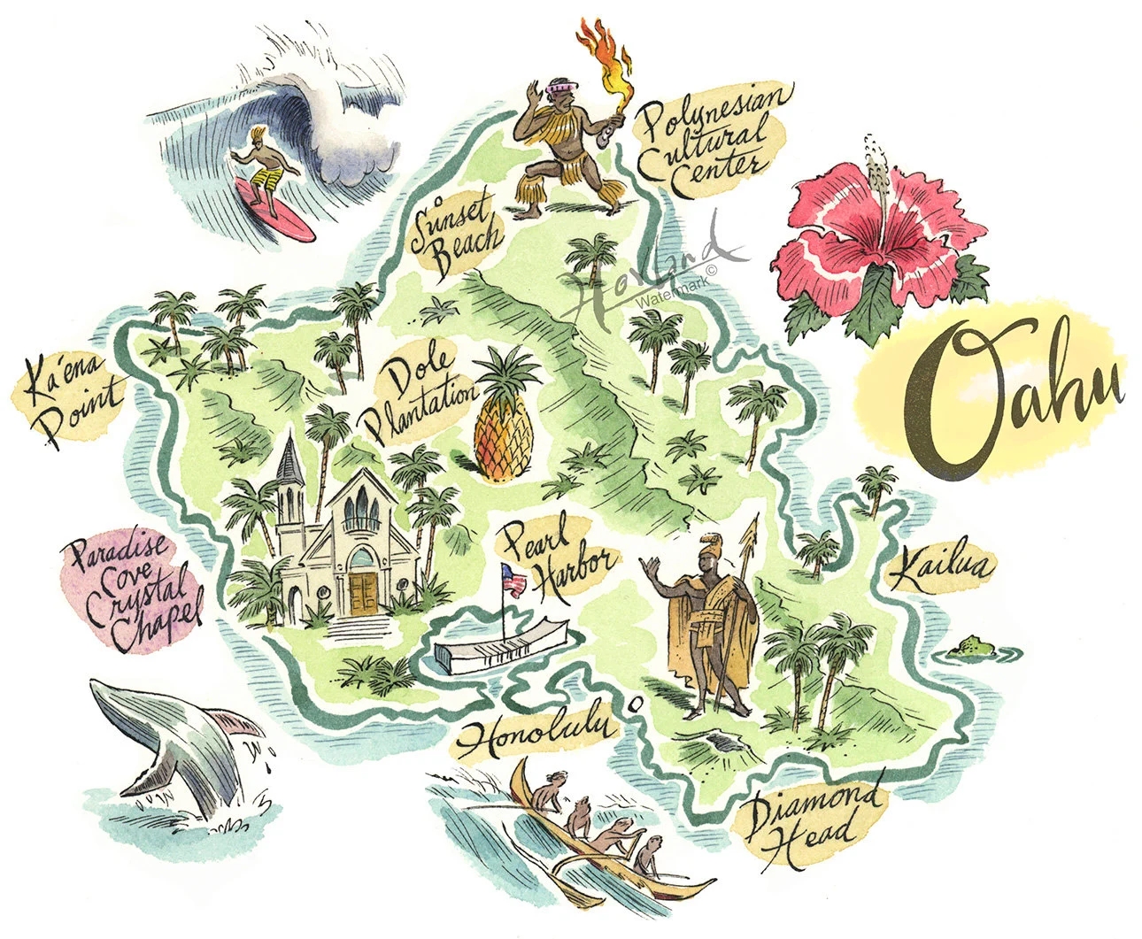 Oahu Hawaii Print Hawaiiana Hawaiian Islands Print Fun Map City Map Etsy