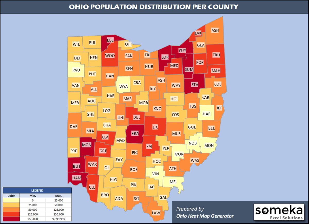 Ohio County Map And Population List In Excel