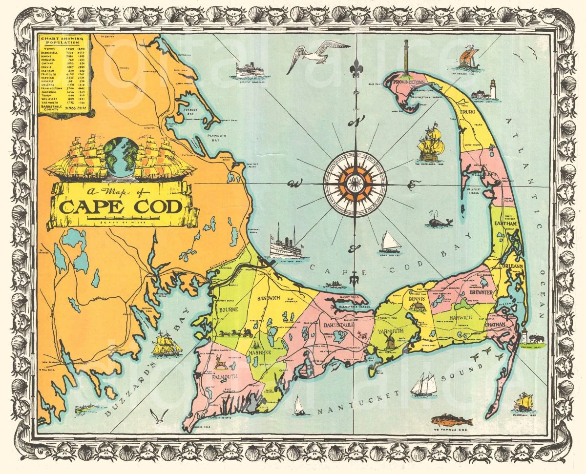 Old CAPE COD MAP Download Colorful 1939 Cape Cod Mass Pictorial Instant Download Digital Printable 2 Sizes Etsy