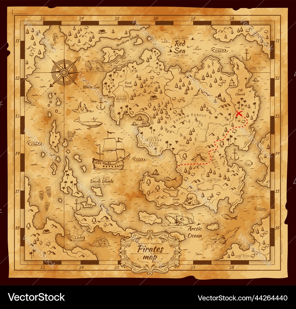 Old Pirate Treasure Map Worn Parchment Royalty Free Vector