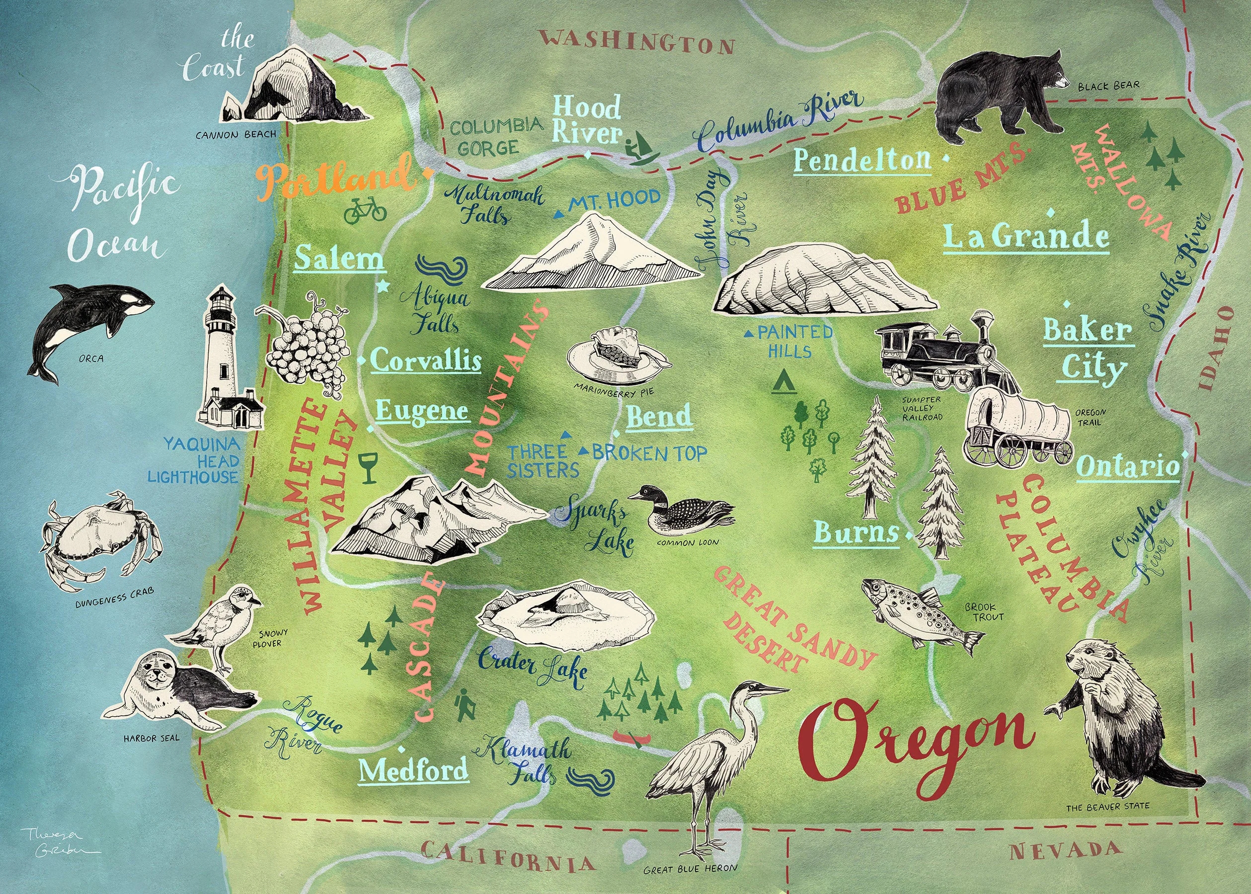 Oregon Map Art Print Illustrated Map Of Oregon Pacific North West Oregon State Poster USA Travel Illustration Farewell Gift Giclee Etsy