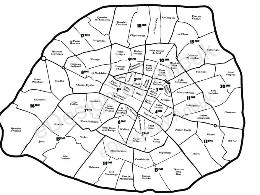 Paris Map Print Arrondissements Neighborhoods PDF File Etsy