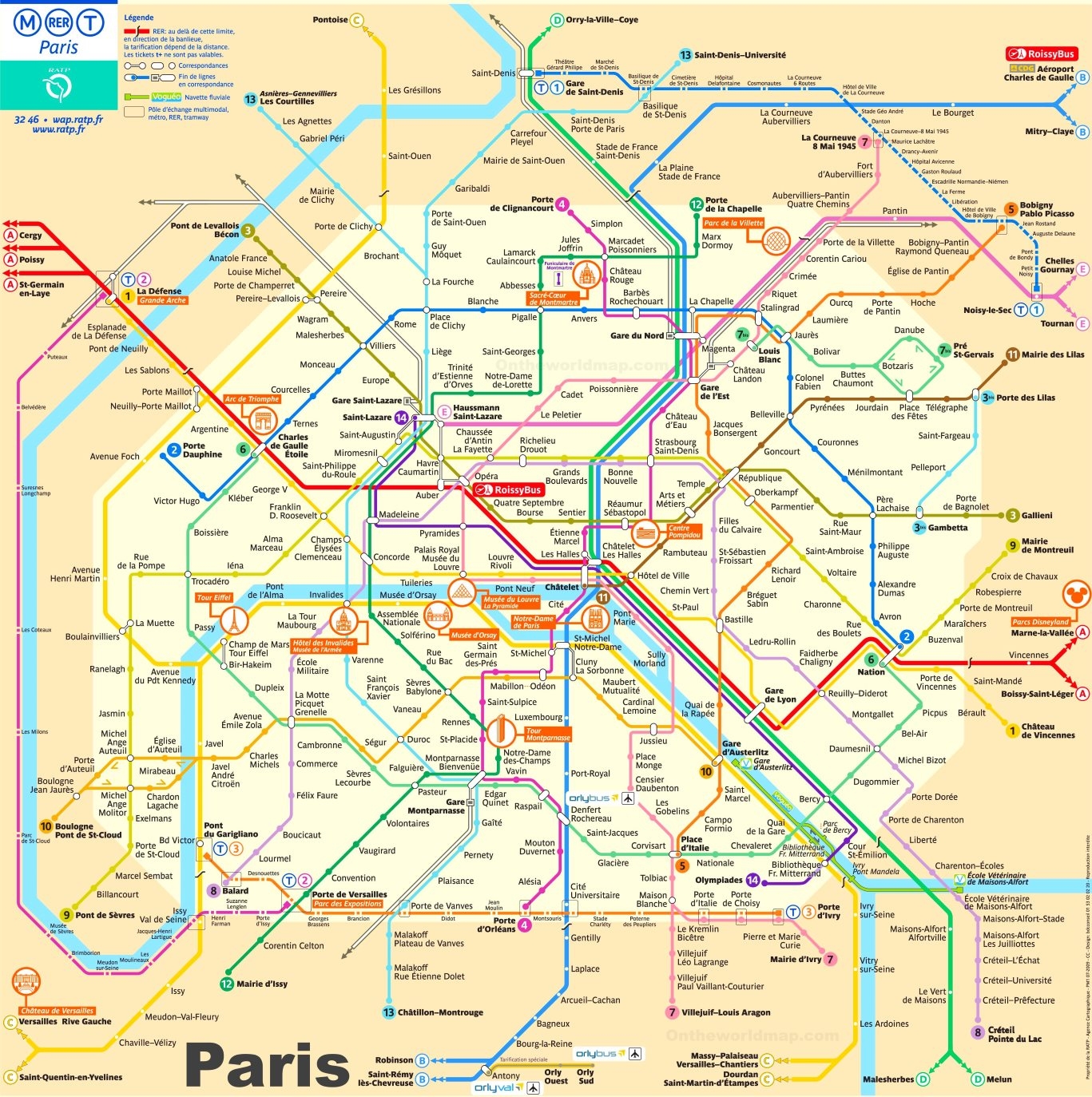 Paris RER And Metro Map With Sightseeings Ontheworldmap