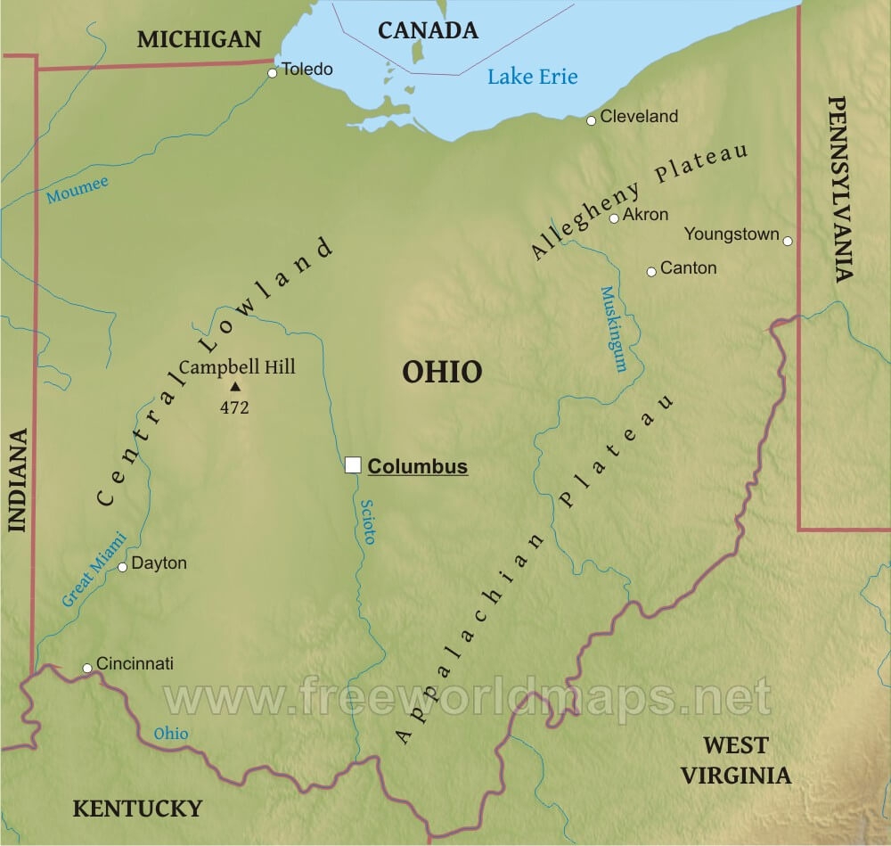 Ohio Printable Physical Map