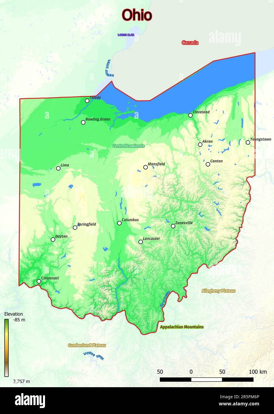 Physical Map Of Ohio Shows Landform Features Such As Mountains Hills Plains Bridges Rivers Lakes Stock Photo Alamy