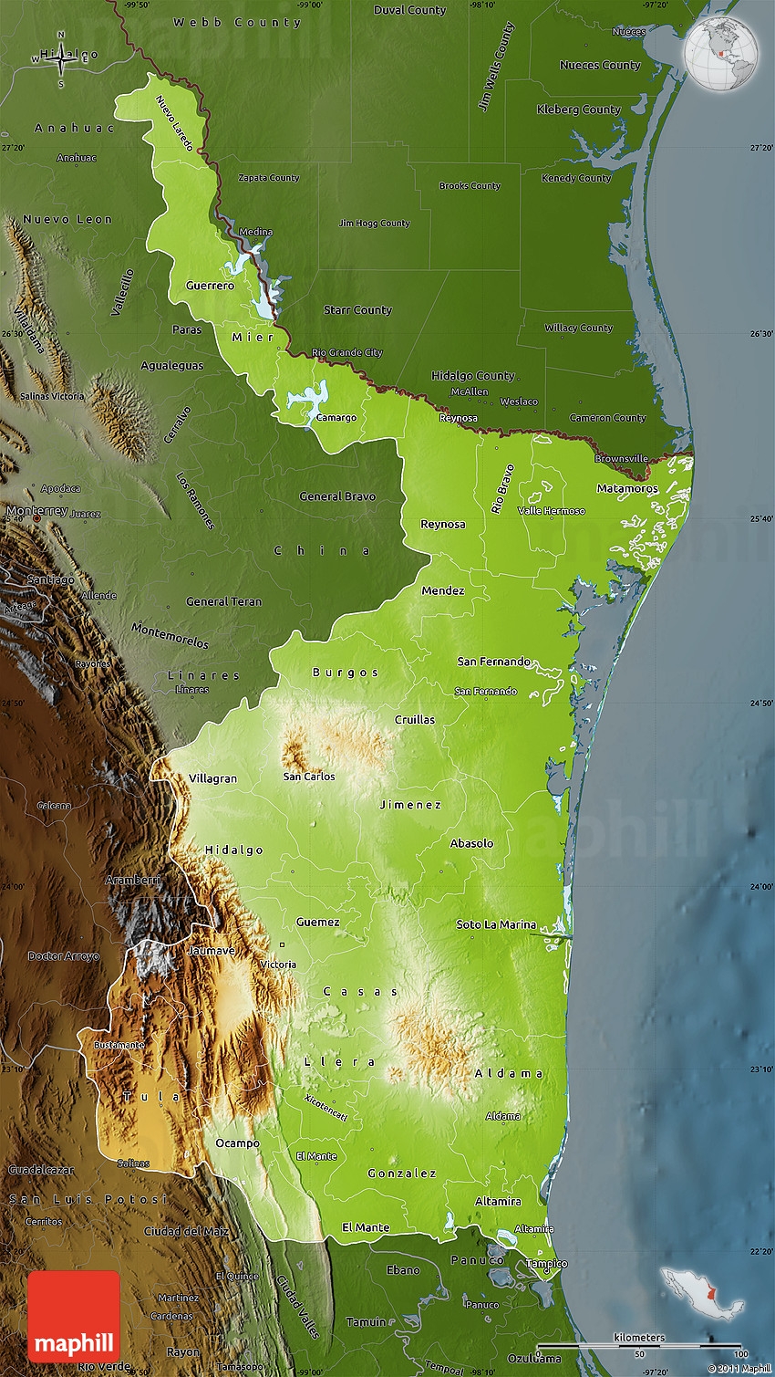 Physical Map Of Tamaulipas Darken
