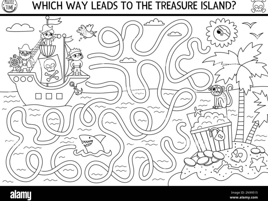 Pirate Black And White Maze For Kids With Marine Landscape Ship Treasure Island Treasure Hunt Preschool Printable Activity With Chest Coins Shark Stock Vector Image Art Alamy