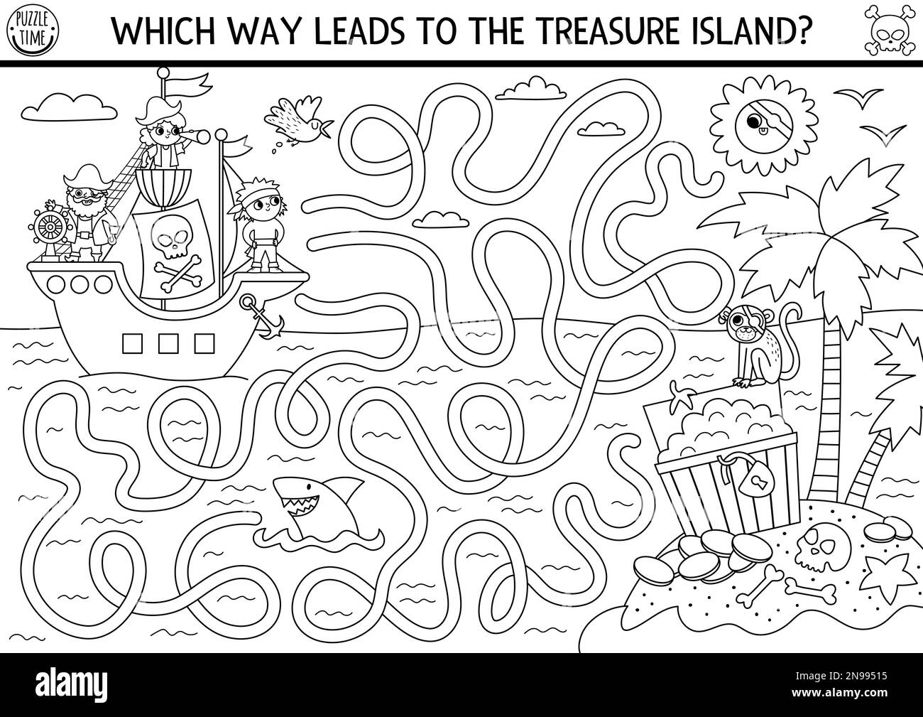 Pirate Black And White Maze For Kids With Marine Landscape Ship Treasure Island Treasure Hunt Preschool Printable Activity With Chest Coins Shark Stock Vector Image Art Alamy