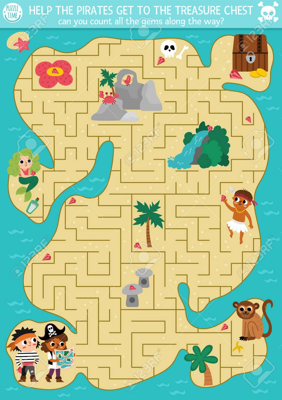 Pirate Maze For Kids With Tropical Treasure Island And Cute Kid Pirates Treasure Hunt Preschool Printable Activity Sea Adventures Labyrinth Game Or Puzzle With Chest Map Mermaid Royalty Free SVG Cliparts Vectors 