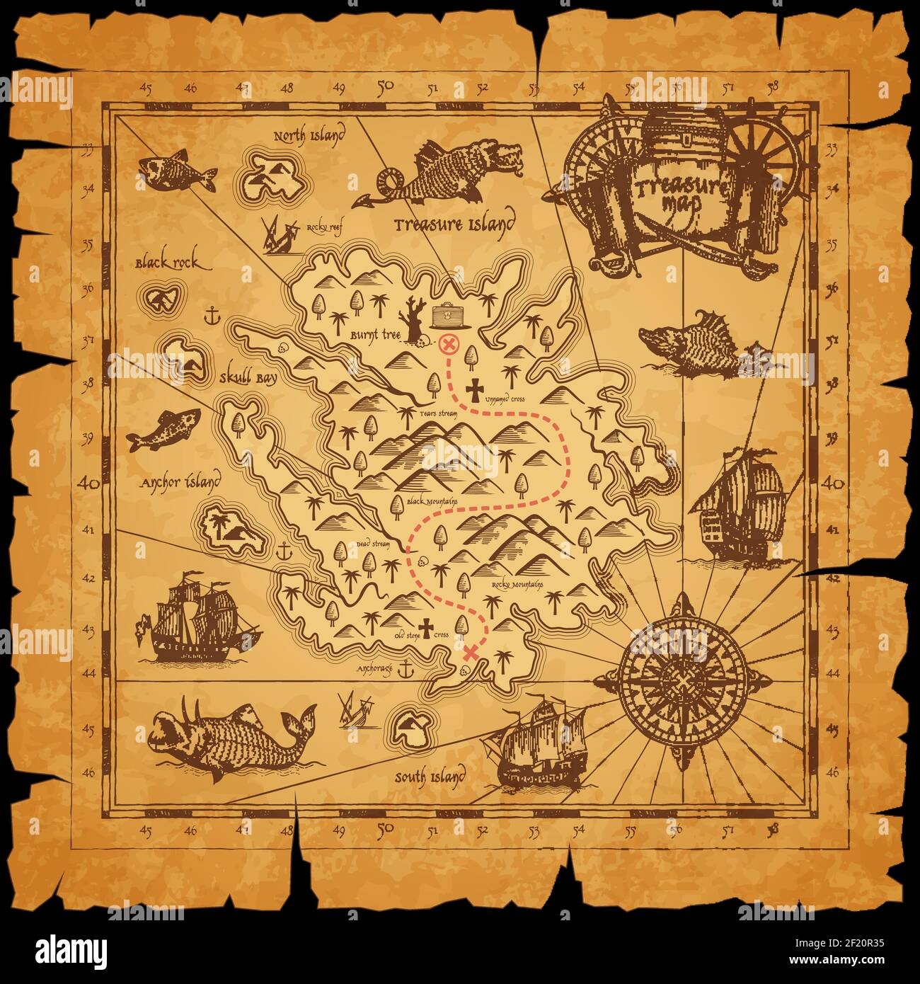 Pirate Treasure Island Ancient Map Route Dotted Line Among Mountains Mark For Chest With Treasures And Sailing In Ocean Caravels Sea Monsters On Pi Stock Vector Image Art Alamy