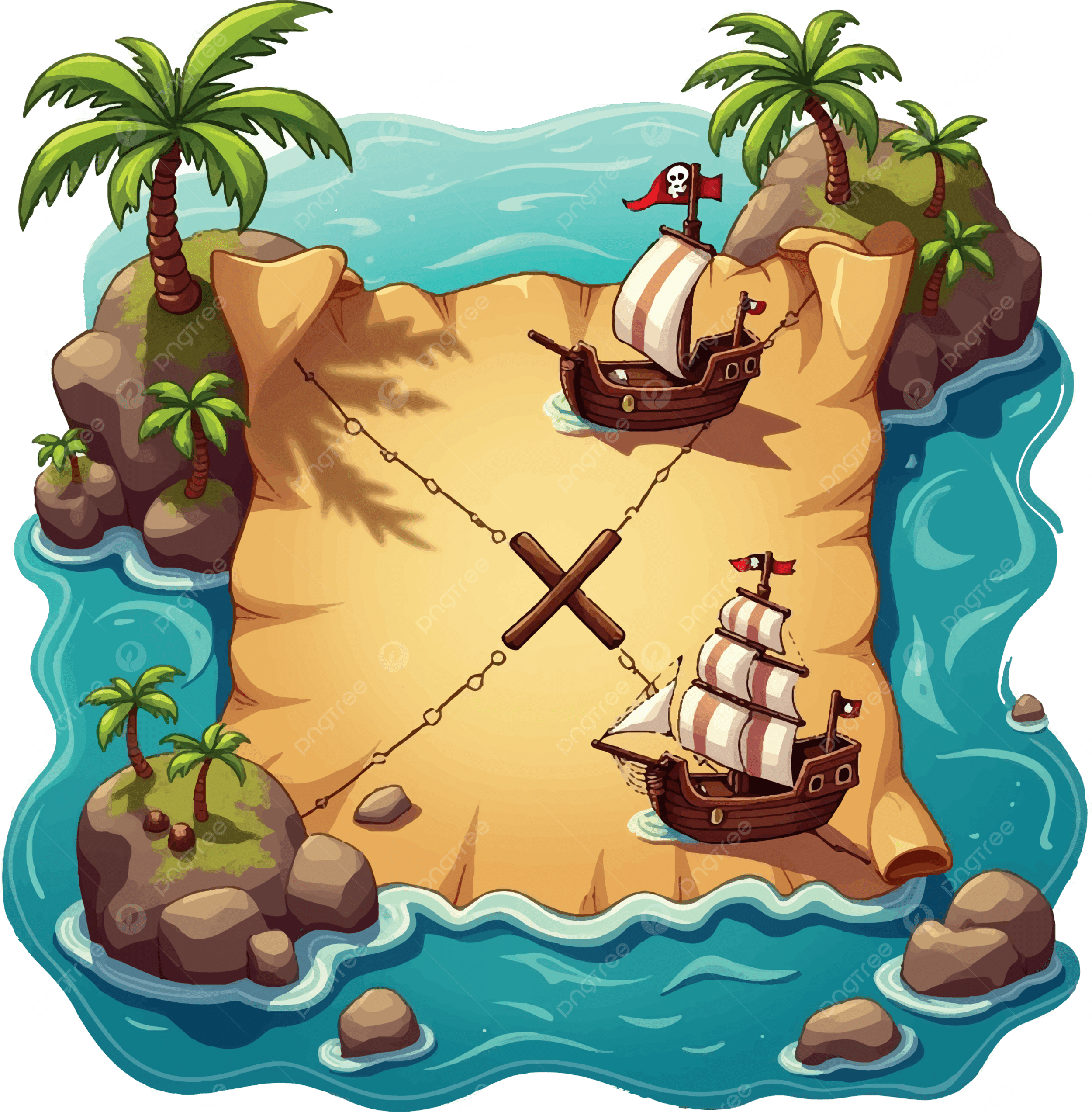 Pirate Treasure Map Illustration Cartoon Style With Ships Palm Trees And X Marks The Spot Map Clipart Pirate Clipart Treasure Clipart PNG Transparent Image And Clipart For Free Download