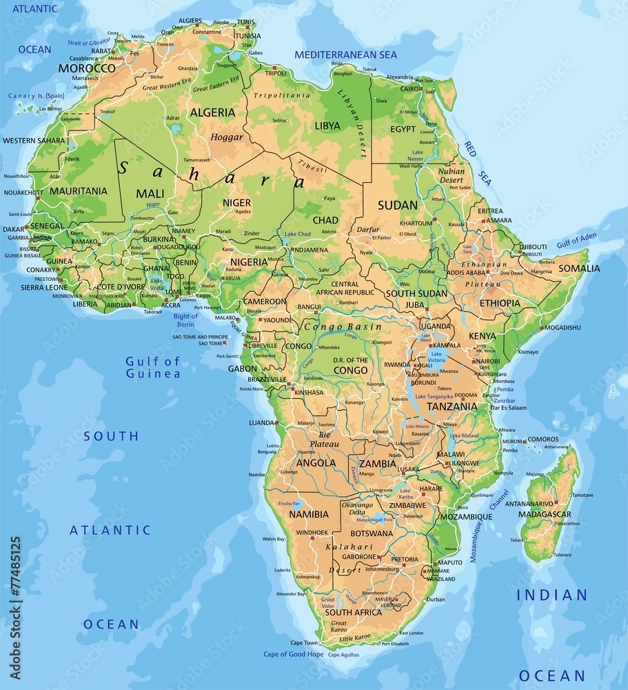 Poster High Detailed Africa Physical Map With Labeling Wall Art UkPosters