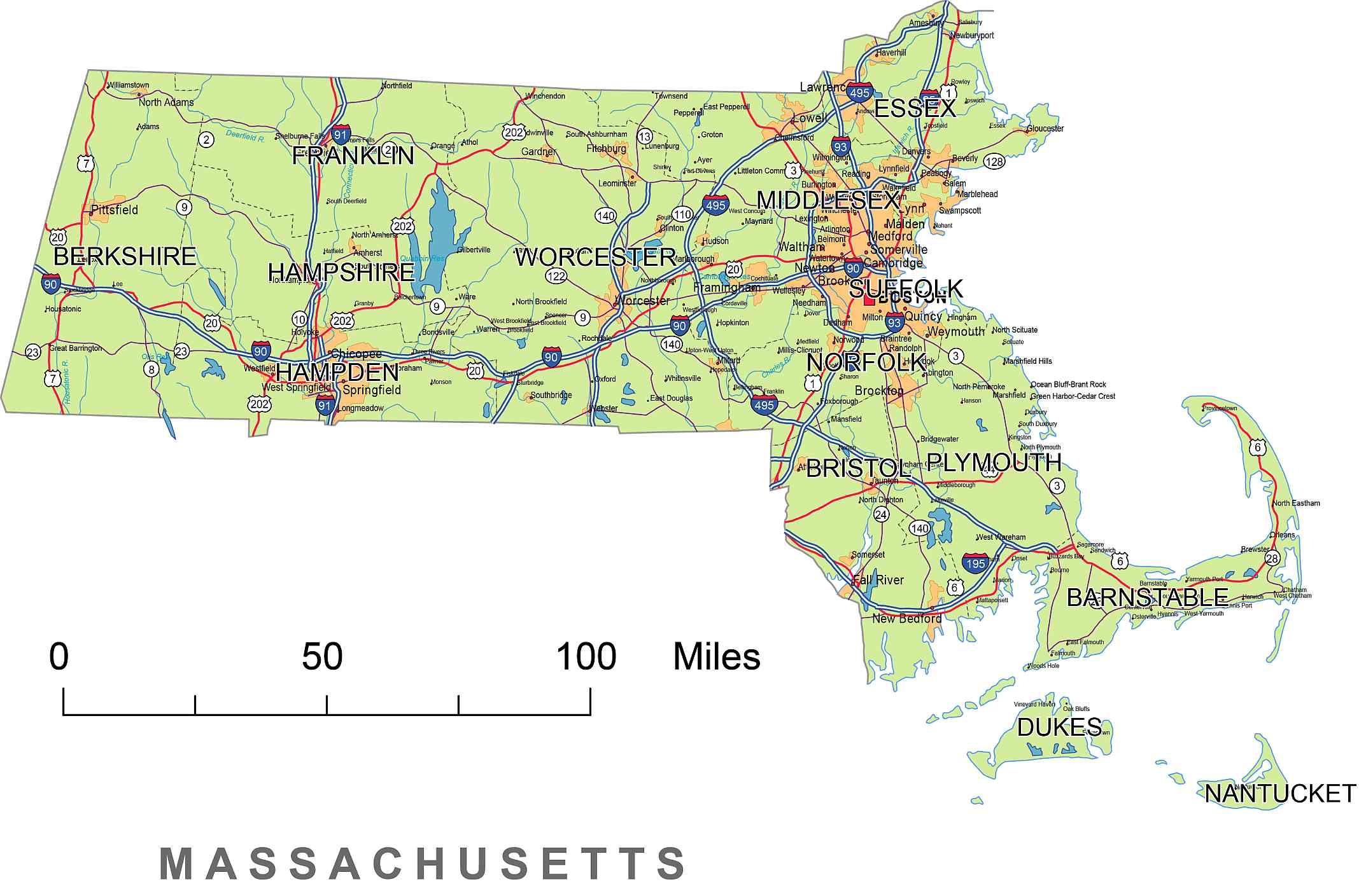 Preview Of Massachusetts State Vector Road Map Printable Vector Maps