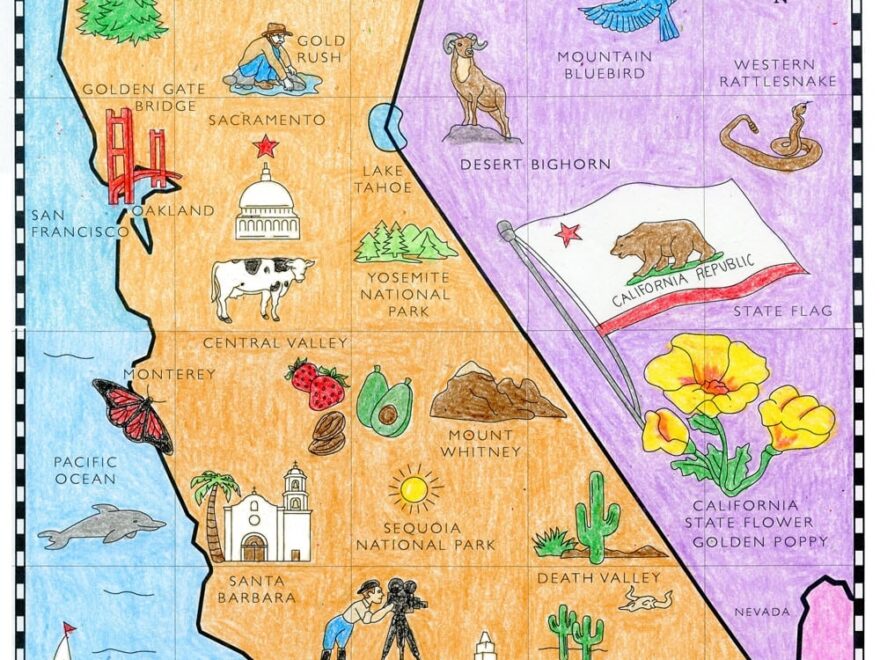 Printable Coloring Map Of California For Kids With Landmarks