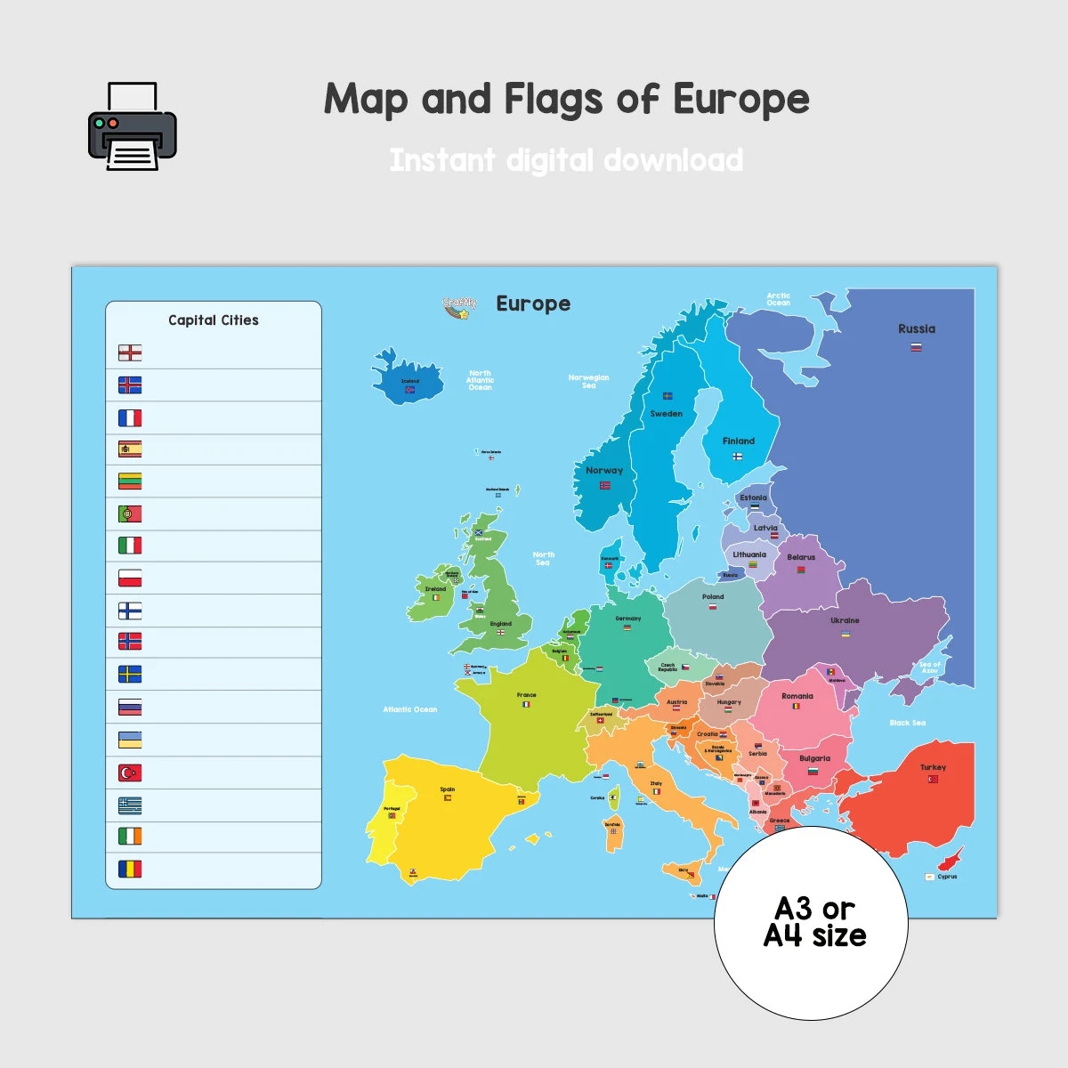 Printable Europe Map For Kids And Children Teachers And Schools Educational Learning Resources Homeschooling Countries And Geography Etsy