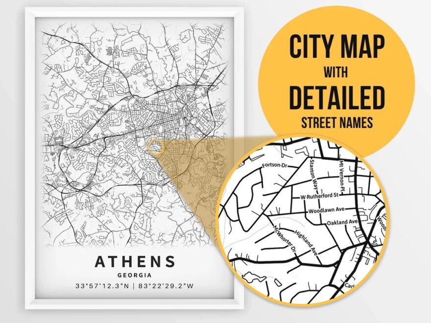 Printable Map Of Athens Georgia USA With Street Names Instant Download City Map Travel Gift City Poster Road Map Print Etsy UK