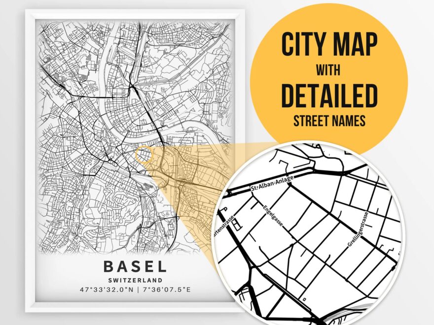 Printable Map Of Basel Switzerland With Street Names Instant Download City Map Travel Gift City Poster Road Map Print Wall Art Etsy