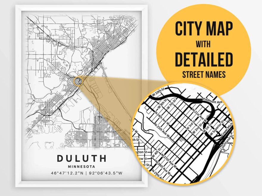 Printable Map Of Duluth Minnesota USA With Street Names Instant Download City Map Travel Gift City Poster Road Map Print Etsy