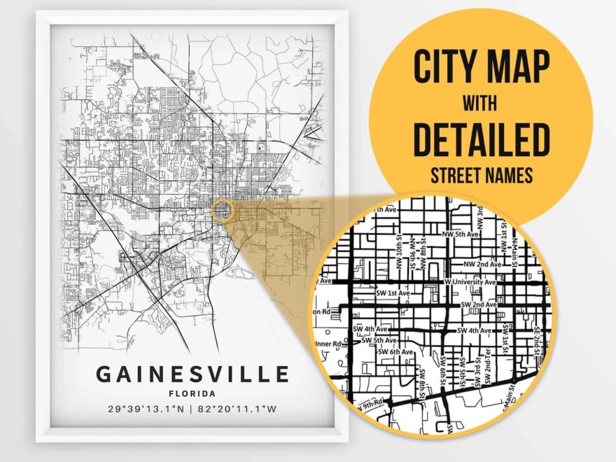 Printable Map Of Gainesville Florida USA With Street Names Instant Download City Map Travel Gift City Poster Road Map Print Etsy Canada