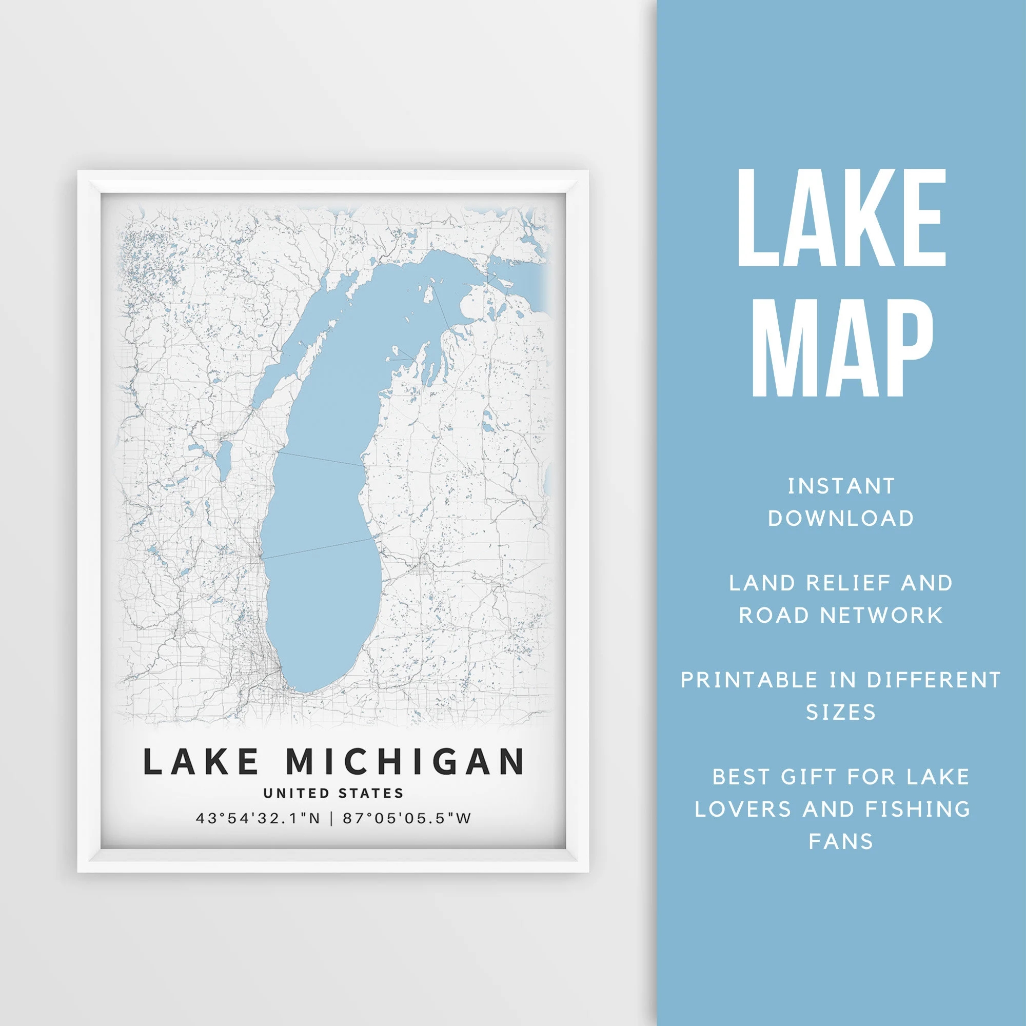 Printable Map Of Lake Michigan US Instant Download Lake Map Wall Art Map Poster Lake House Decor Lakelife Fishing Boating Etsy