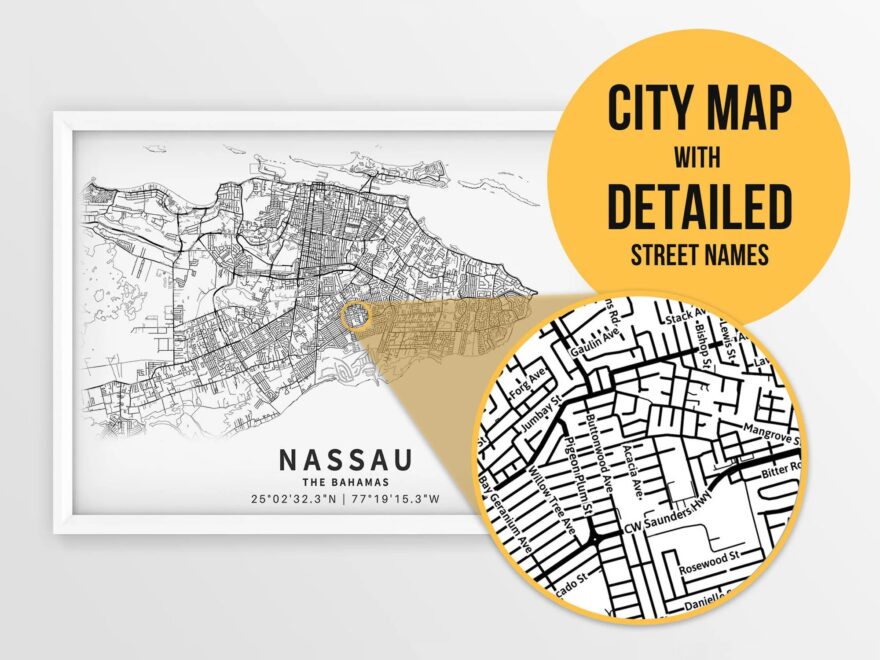 Printable Map Of Nassau The Bahamas With Street Names Instant Download City Map Travel Gift City Poster Road Map Print Wall Art Etsy