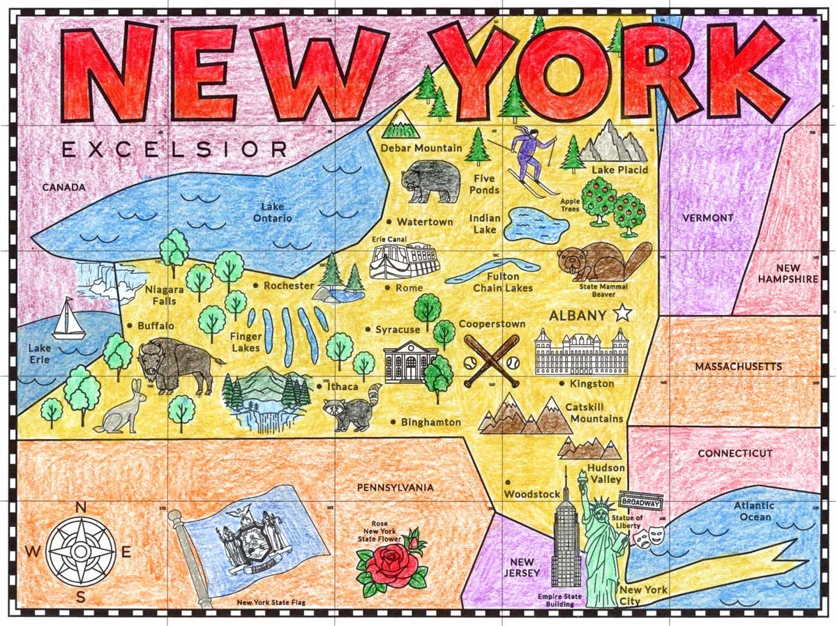 Printable Map Of New York State For Kids With Cities To Color