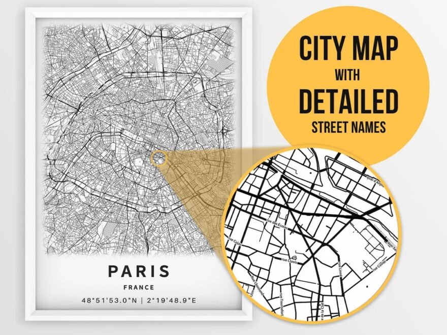 Printable Map Of Paris France With Street Names Instant Download City Map Travel Gift City Poster Road Map Print Wall Art Etsy