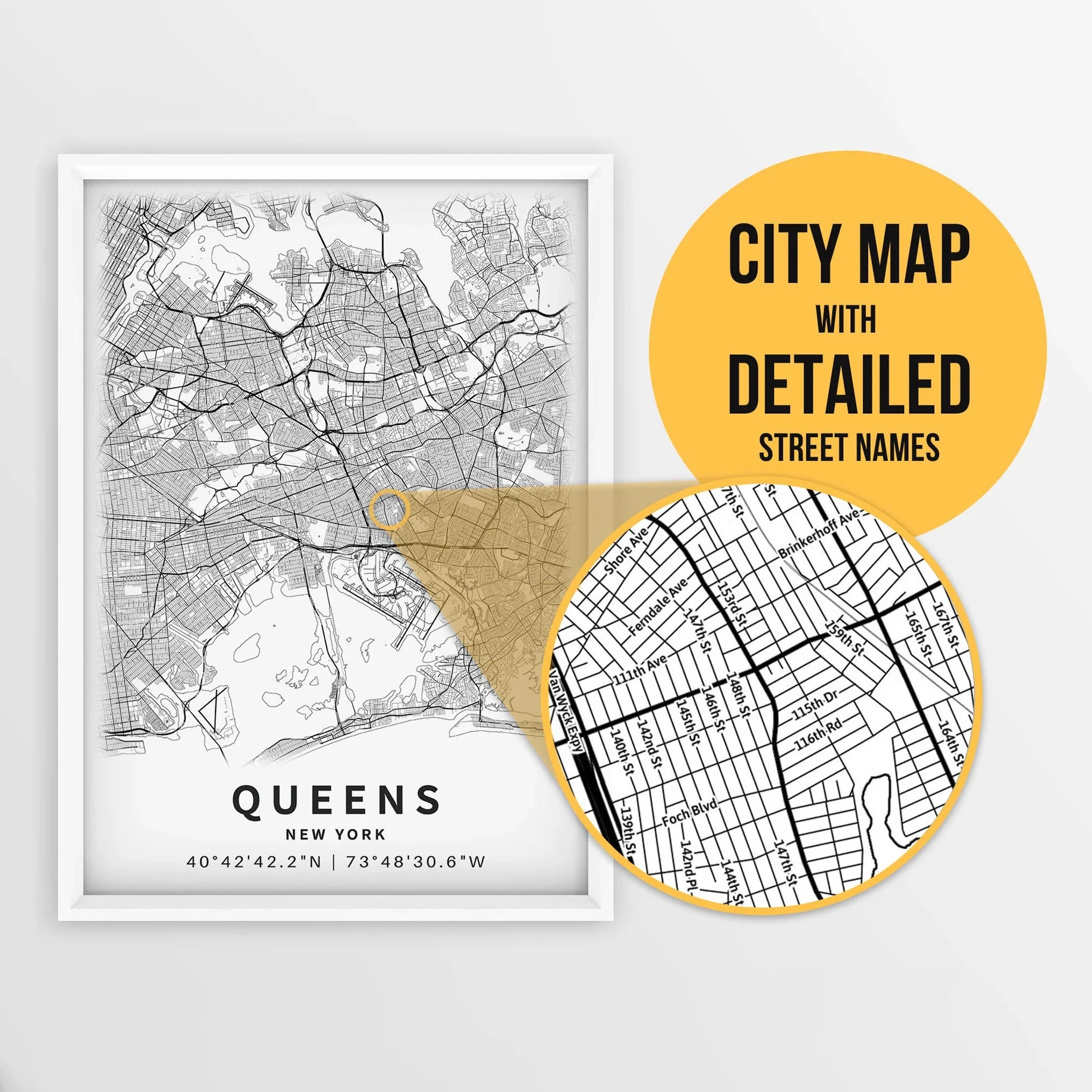Printable Map Of Queens New York City NY USA With Street Names Instant Download City Map Travel Gift City Poster Road Map Print Etsy