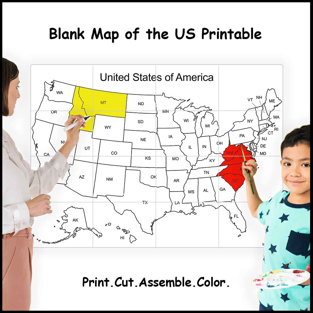 Printable Map Of The United States Sizes 4 9 Or 16 Sheets Of Paper Worksheets Library