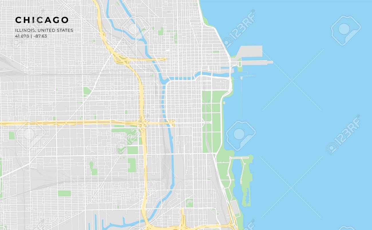 Printable Streetmap Of Chicago Including Highways Major Roads Minor Roads And Bigger Railways The Name Of The City And The Geographic Data Are Grouped And Can Be Removed If They Are Not