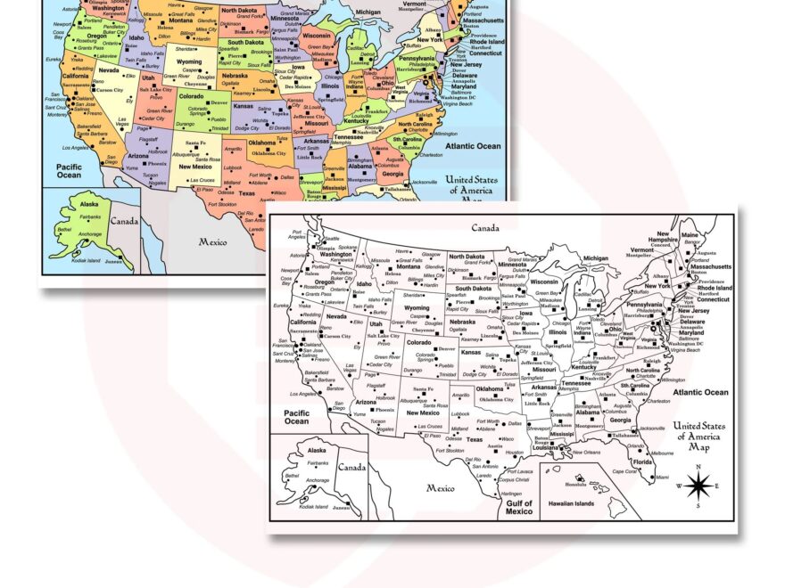 Printable USA Map Travel Vacation Map Plans United States Of America Political Colouring Blank Map School Supplies Digital Download Etsy