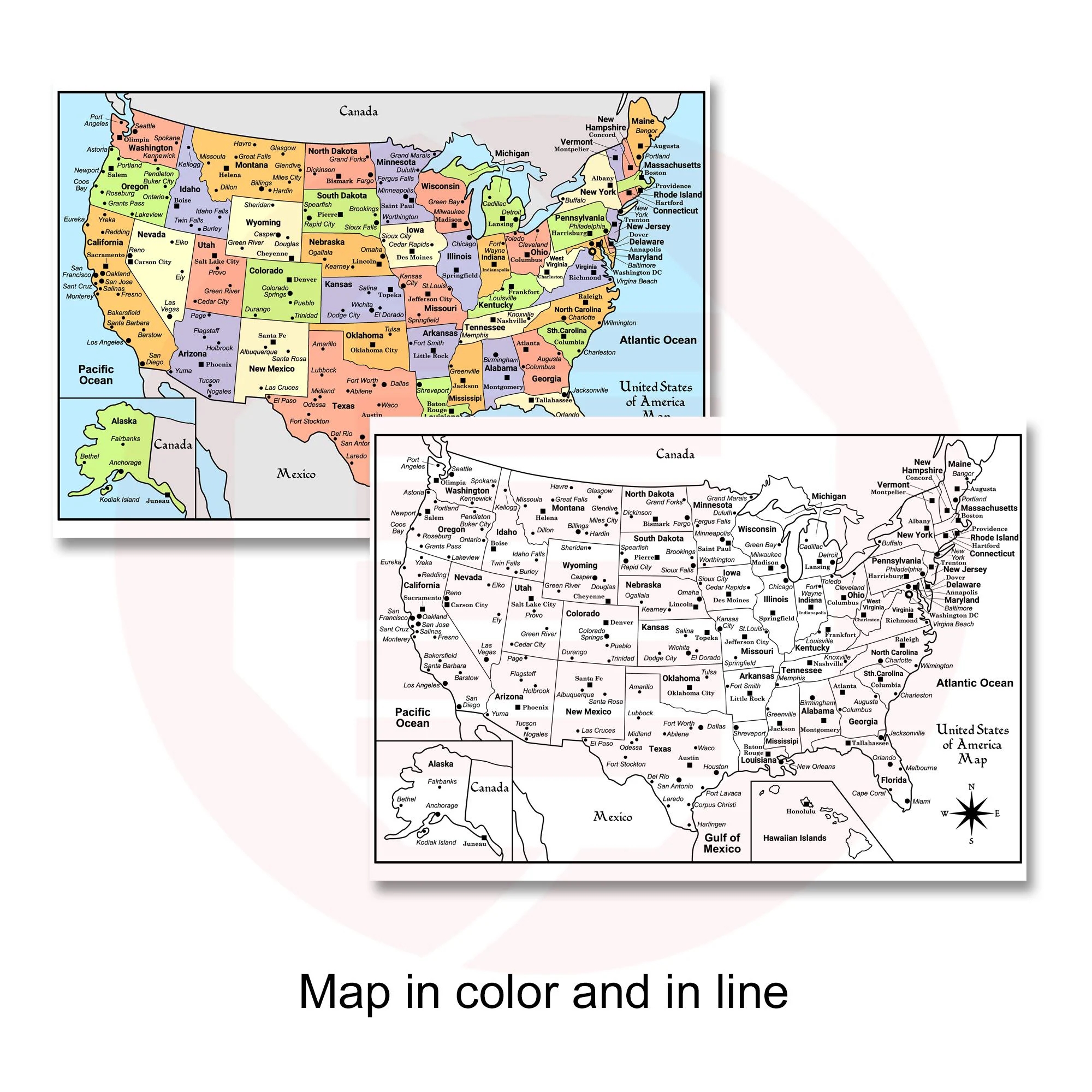Printable USA Map Travel Vacation Map Plans United States Of America Political Colouring Blank Map School Supplies Digital Download Etsy