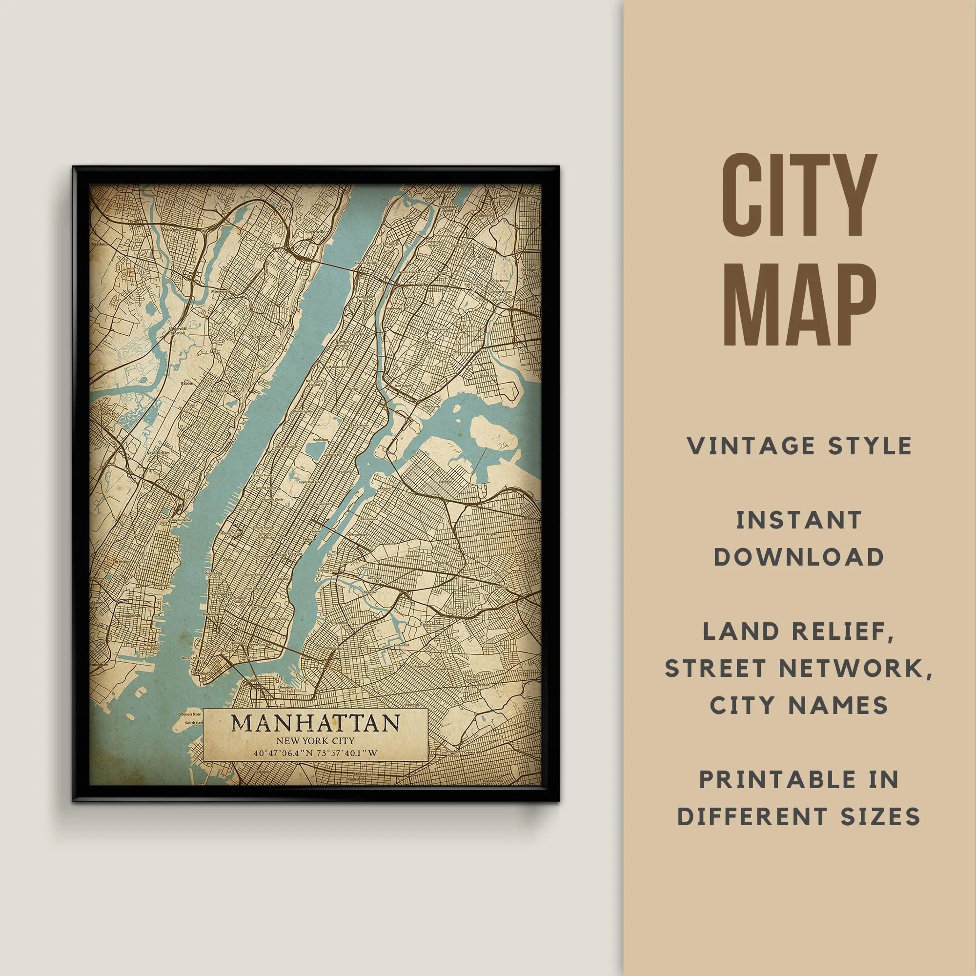 Printable Vintage Style Map Of Manhattan New York City USA Instant Download Street Map Wall Art Map Poster Antique Map Print Etsy