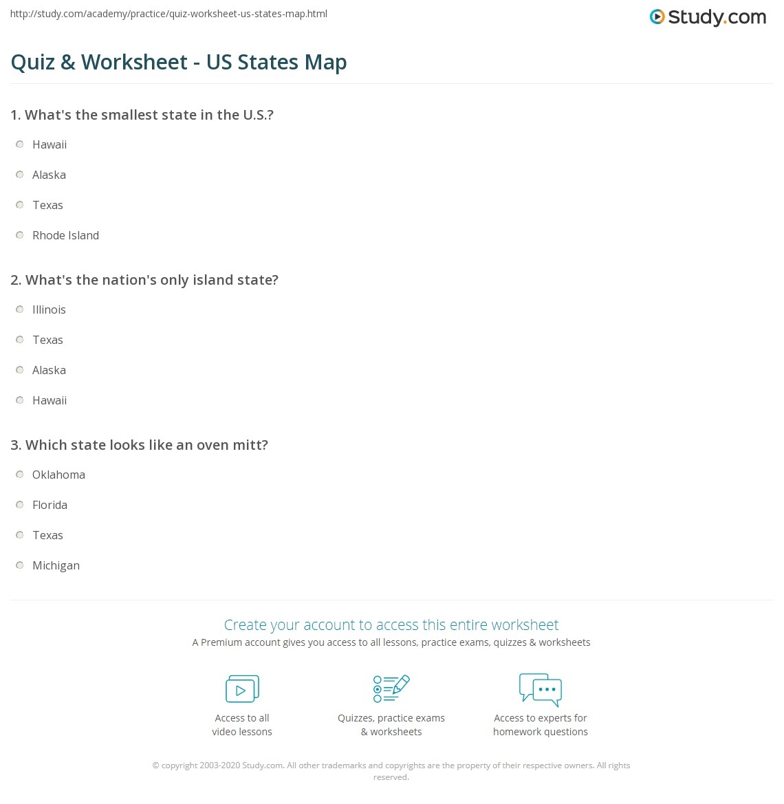Quiz Worksheet US States Map Study